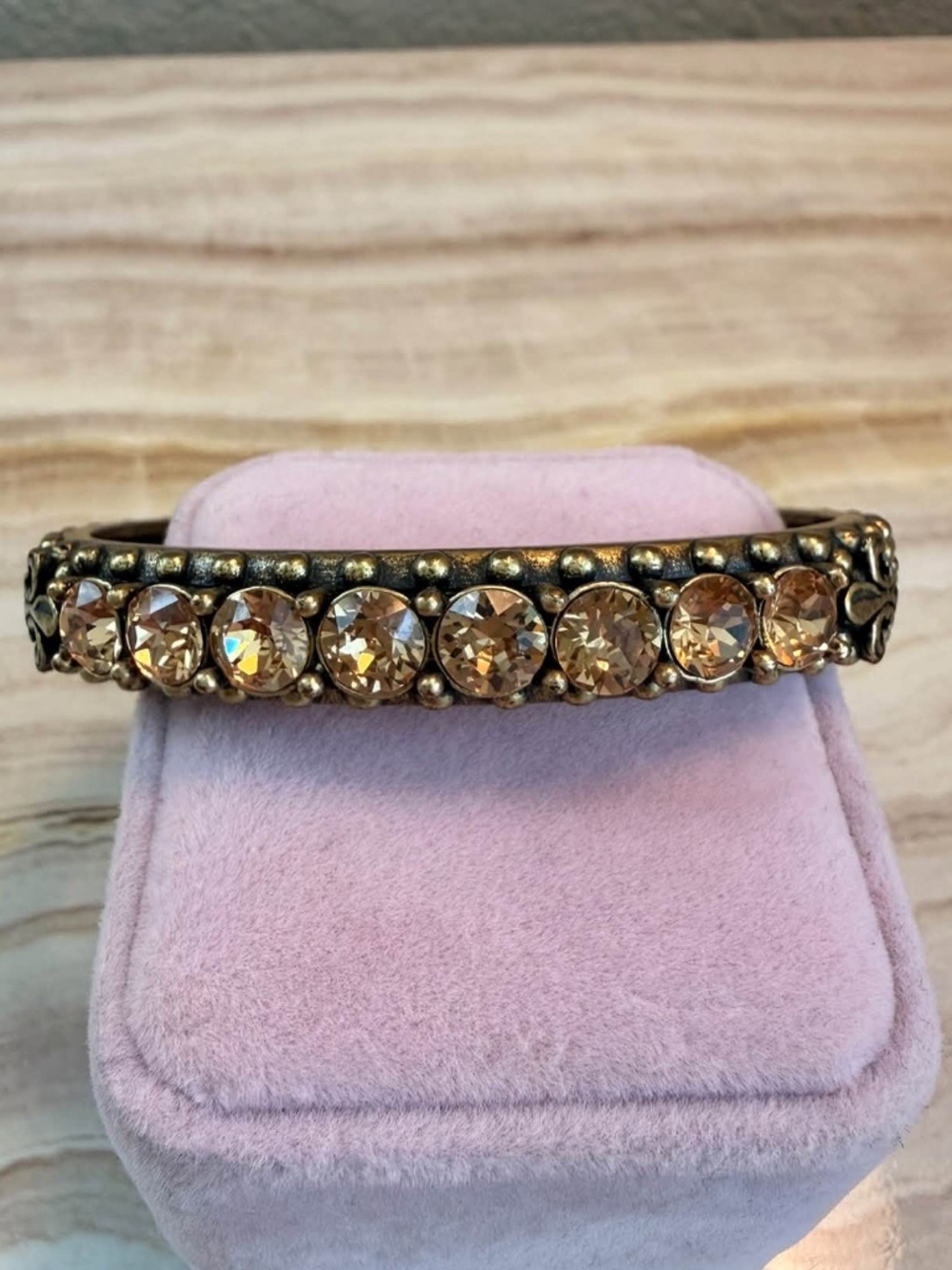French Kande Antique Brass Bangle With Light Colorado Swarovski Crystals